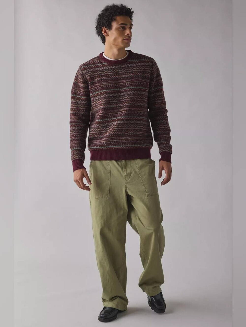 Schott NYC Men's Fair Isle Wool Blend Crew Neck Sweater Burgundy Size L NWT